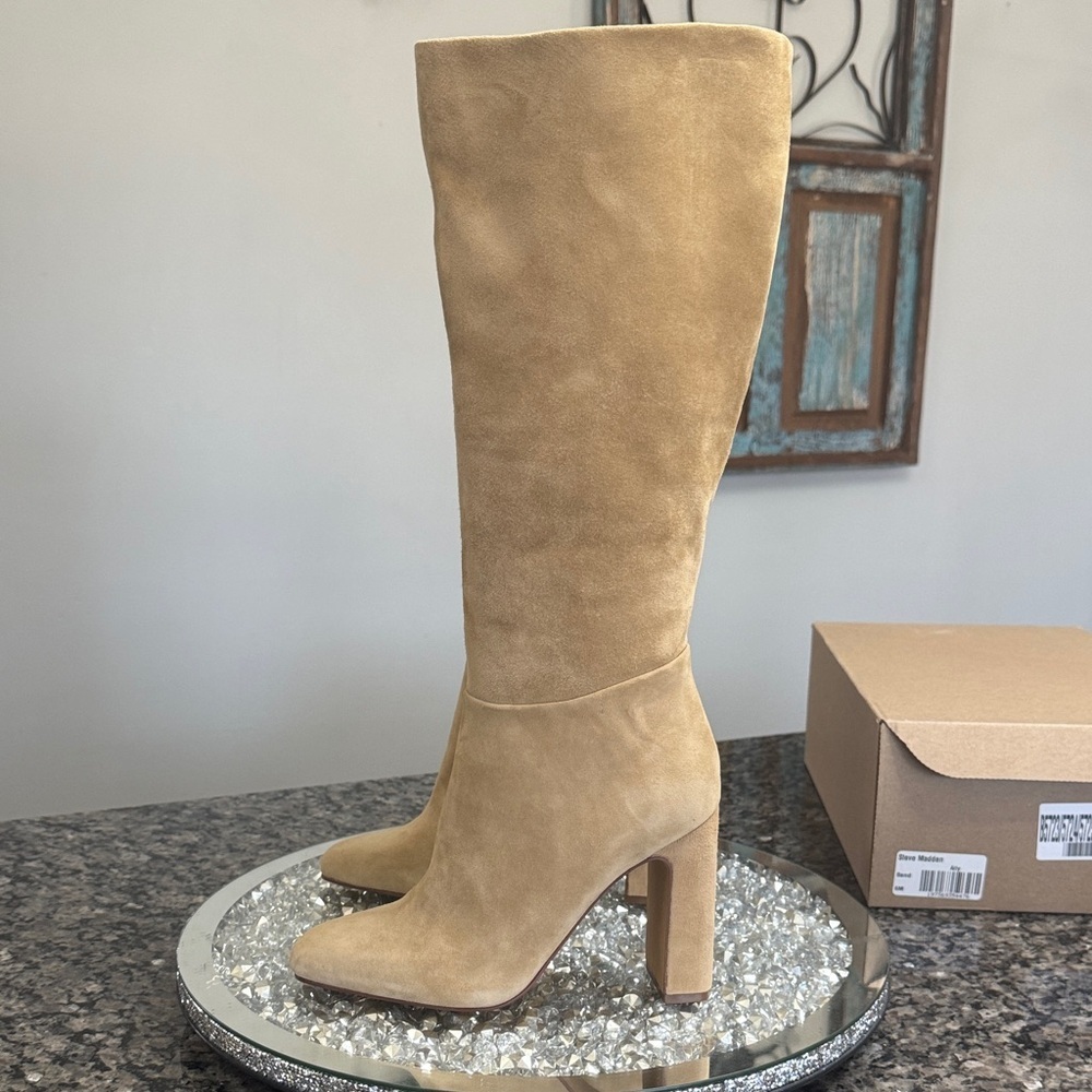 Steve Madden Ally Tan Suede Knee-High Block Heel Boots NEW 6